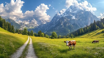 Fototapeta premium Wonderful summer landscape with ground road and cow grazing on fresh green mountain pastures and Watzmann mount in the Alps Incredible nature scenery Amazing panoramic image stunning b : Generative AI