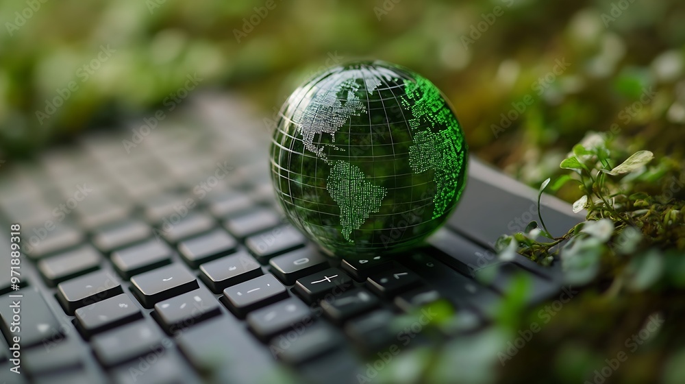 Poster Laptop keyboard with green globe technology concept with nature concept digital sustainability green technology Green Technology Green IT CSR and Clean Technology Ethical Concepts : Generative AI