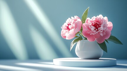 Obraz premium Stage for demonstrating product and business concept Minimal contemporary aesthetic Premium empty podium Beautiful floral arrangement with peony flowers elegant beauty concept selectiv : Generative AI