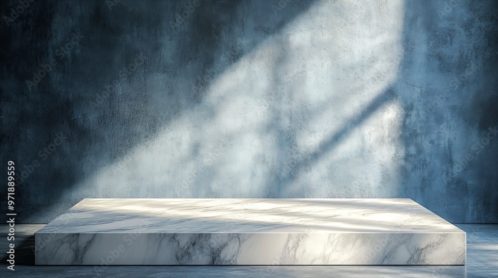 Aufkleber White Marble Table Corner with Light Beam Shadow and Spotlight on the Blue Concrete Wall Background Suitable for Product Presentation Backdrop Display and Mock up : Generative AI