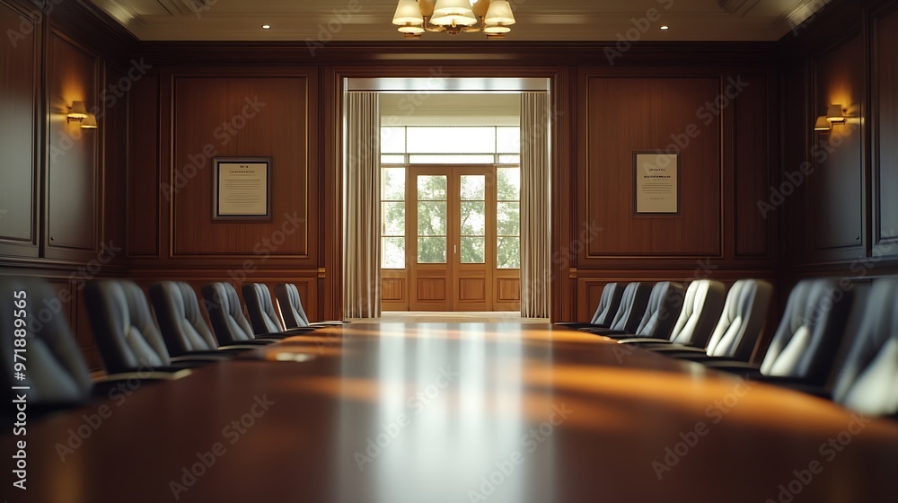 Poster interior of conference room with chairs arranged around wooden table in empty creative office seen t