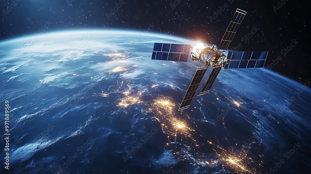 Poster Telecommunication satellite providing global internet network and high speed data communication above Europe Satellite in space low Earth orbit Worldwide communication technology : Generative AI