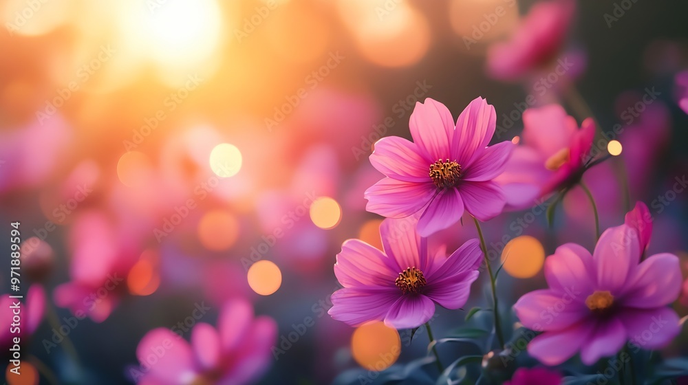 Poster Blur background of close up of pink flowers in a field during sunset shining with blurring background Nature and floral photography concept Design for wallpaper banner greeting card Sp : Generative AI