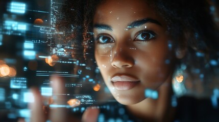 World tablet and overlay with a business black woman using an ai or ux interface to access the metaverse of data Digital future and information with a global network working on a 3d ho : Generative AI