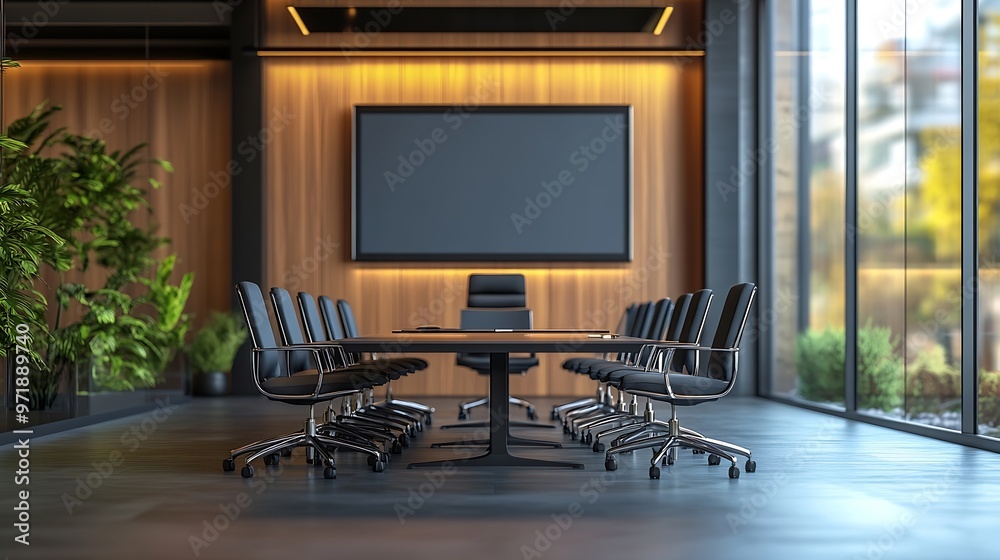 Poster New board room with table chairs and LCD display on wall : Generative AI