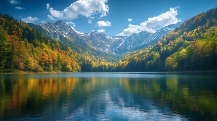 Obraz premium Lake Between Forests And Mountains : Generative AI