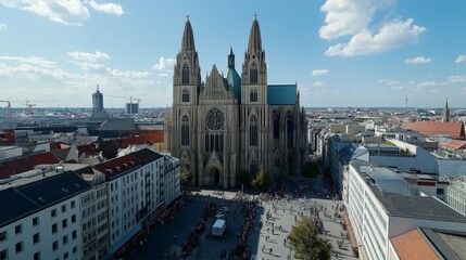 Naklejka premium Gothic cathedral towering above city buildings with tall spires. AI generated