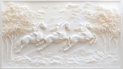 White Horse Relief Sculpture with Trees and Mountains