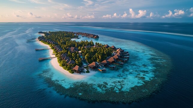 Aerial view of luxury resort with overwater bungalow Ismehela Hera Addu Atoll Maldives : Generative AI