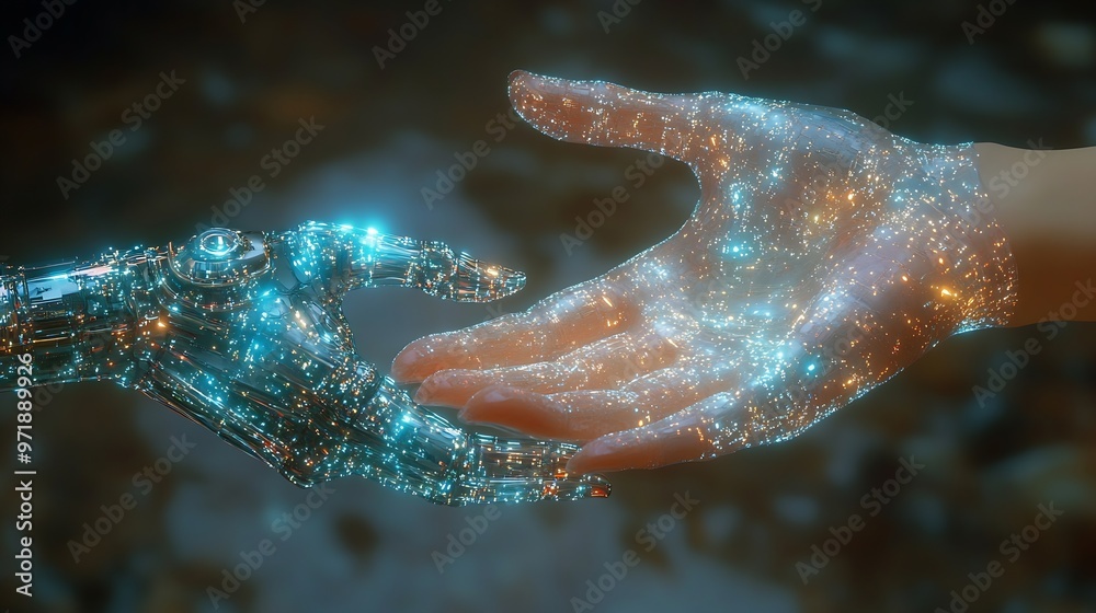 Poster Hands of robot and human holding big data of global network connection Cooperation between people and machine technology concept AI technology development and global robotic science : Generative AI