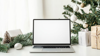 Fototapeta premium Laptop mockup. There is an open laptop with an empty white screen on the table next to the Christmas tree. The Christmas tree is decorated with garlands and Christmas balls