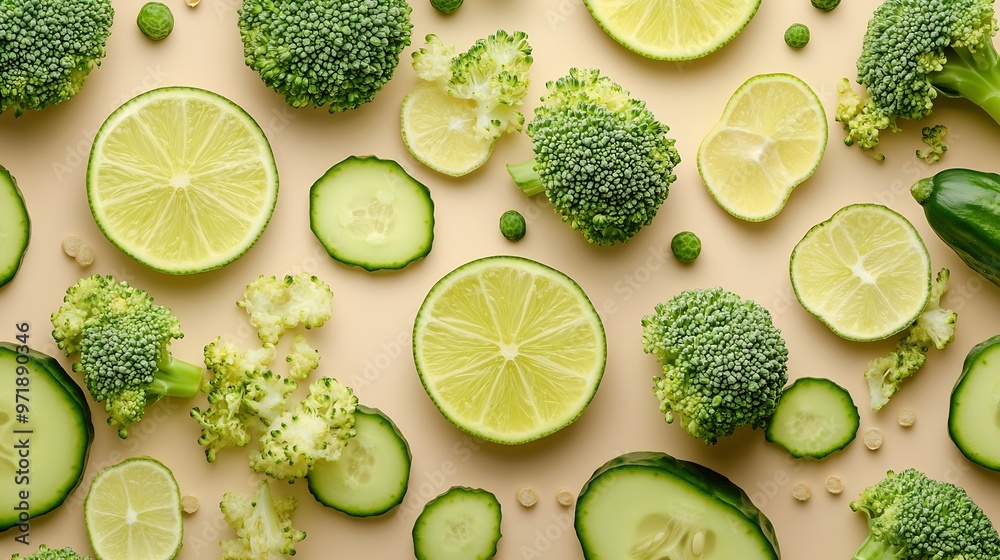 Aufkleber creative layout made of broccoli cucumber and lime on the beige background food concept macro concep