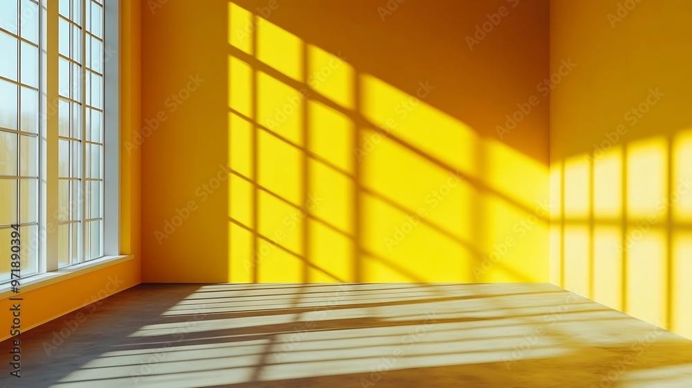 Poster yellow room corner with crossing windows shadows minimalistic space concept : generative ai