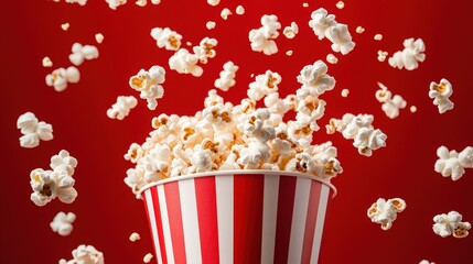Popcorn Explosion â€“ Fun and Motion Concept with Red and White Striped Container Overflowing with Fresh Kernels in Mid-Air
