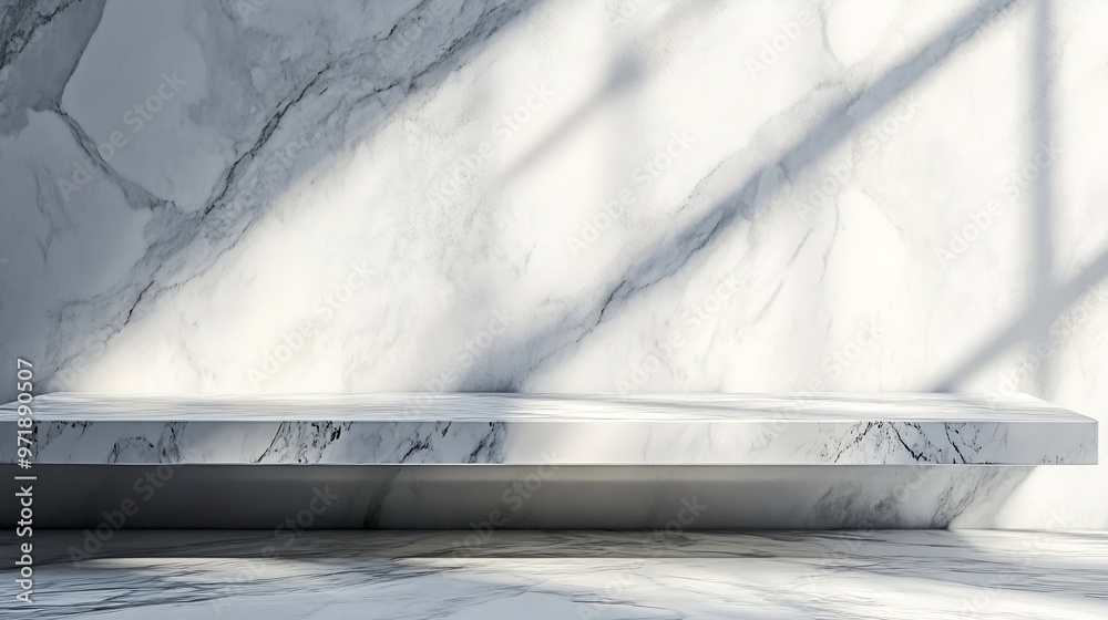 Aufkleber marble table with white stucco wall texture background with light beam and shadow suitable for produ