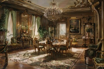 A classic oil painting of an elegant dining room with a grand chandelier, antique furniture, and rich