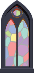 Tall and narrow gothic stained glass window featuring a colorful mosaic design, suitable for architectural visualization