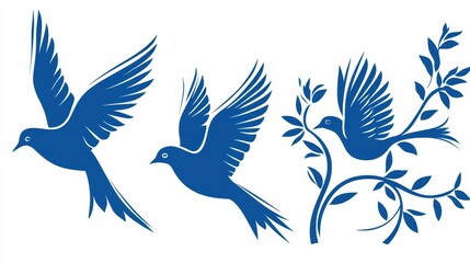 Fototapeta premium Blue Bird Silhouettes with Floral Branch Illustration