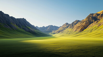 Enchanting Highland Valley with Lush Green Terrain and Golden Symmetrical Peaks