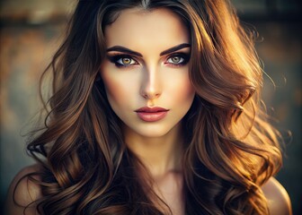 Fototapeta premium Gorgeous, vibrant-eyed woman with long, luscious brown hair cascading down her back, radiating confidence and warmth in a soft, natural light setting.