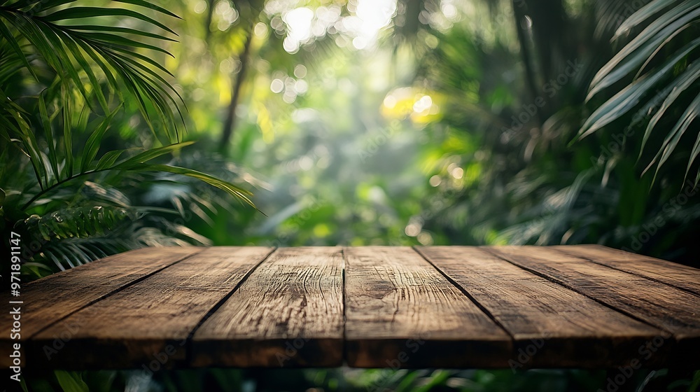 Leinwandbilder The empty rustic wooden plank table top with blur background of jungle Exuberant image : Generative AI