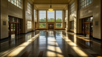 Sunlight streaming through the windows of a grand hall