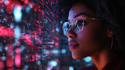 Office computer hologram or night person reading future administration dashboard research chart or ui software Digital transformation cloud computing overlay and black woman work on da : Generative AI