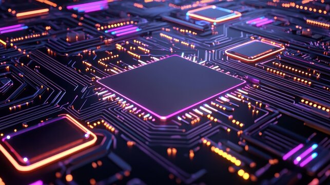 Abstract Circuit Board with Neon Lights