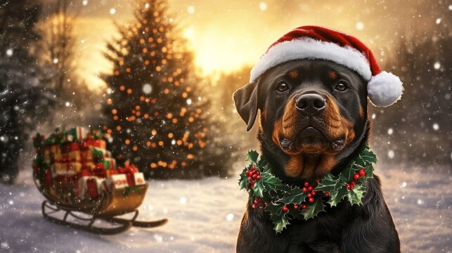 A festive Rottweiler wearing a Santa hat and wreath in a snowy landscape.