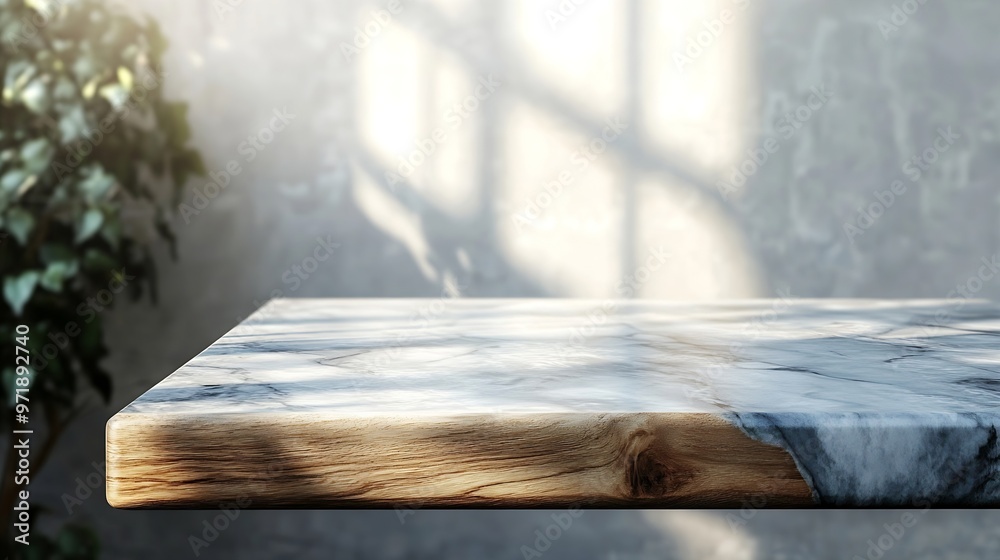Poster Marble table with wooden top table corner with light beam from window on wall background Suitable for Product Presentation Backdrop Display and Mock up : Generative AI