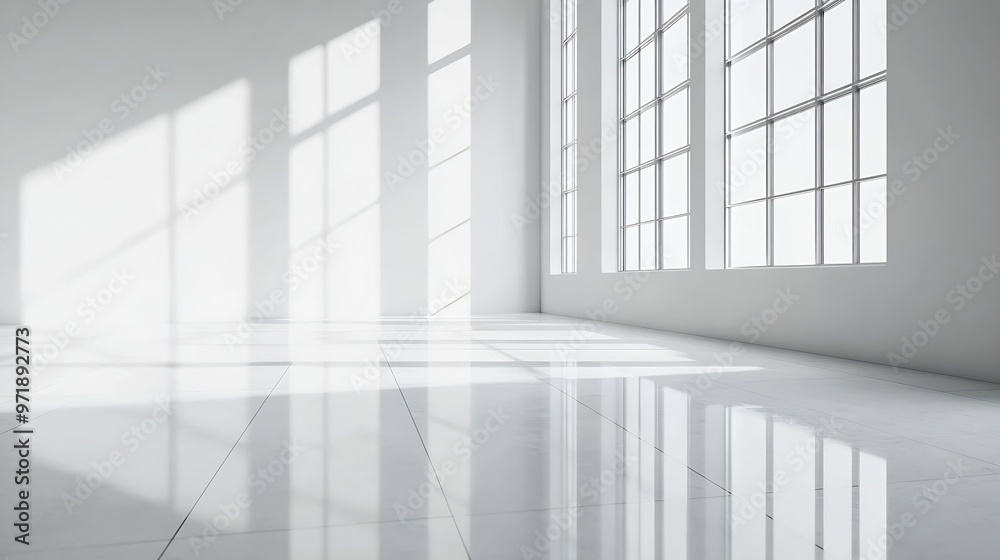 Poster white empty studio room interior design white walls and corner tiled white empty floor background lu
