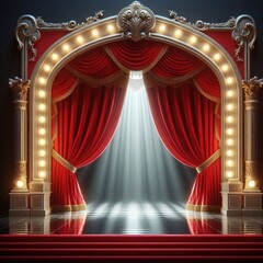 Red theater stage curtain with arch entrance