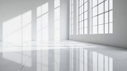 White empty studio room interior design white walls and corner tiled white empty floor background luxury empty interior for product desplay : Generative AI