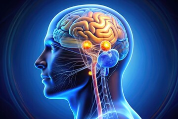 Obraz premium Illustration of the human brain featuring labeled glands, including pituitary, pineal, and hypothalamus, showcasing their precise locations and anatomical relationships.