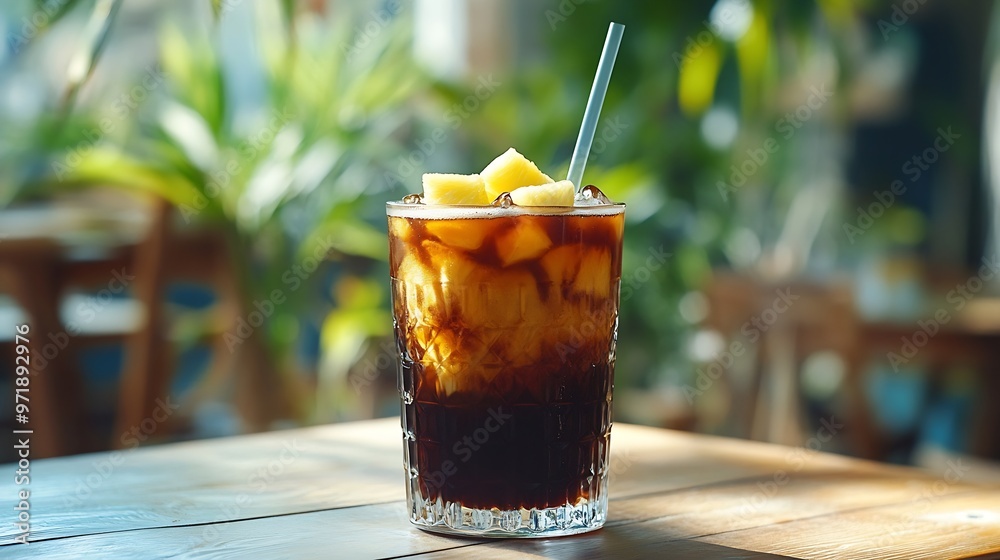 Aufkleber iced coffee with pineapple juice in a glass with a straw on the table on the summer terrace espresso