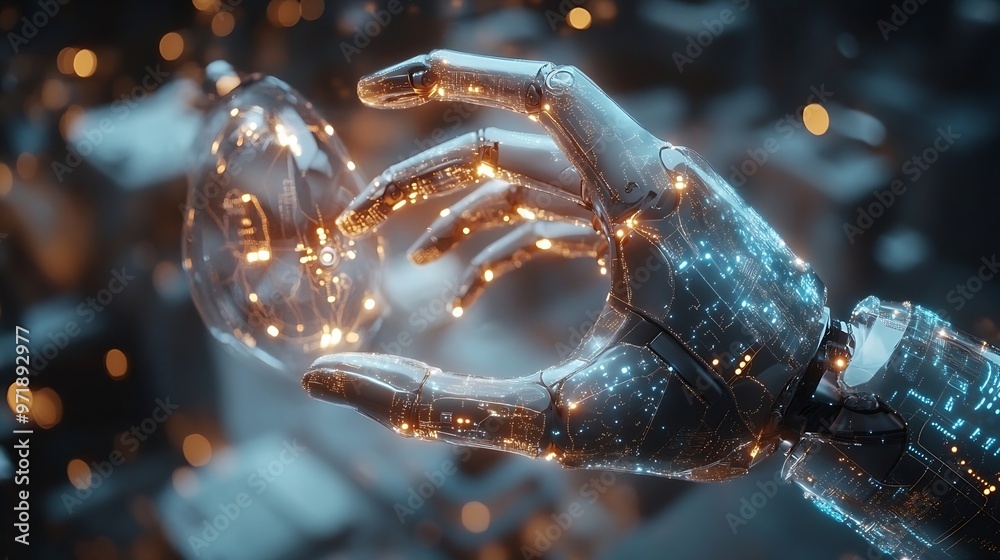 Leinwandbilder AI machine learning robot hands and human touch on big data networks creative brain data in light bulbs artificial intelligence science and technology and future innovations that help  : Generative AI