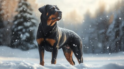A Rottweiler standing majestically in a snowy landscape during snowfall.
