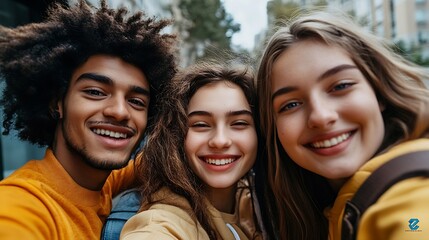 Vibrant young people taking a selfie together outdoors Happy youngsters enjoying hanging out together in the city Group of generation z friends capturing their happy moments : Generative AI
