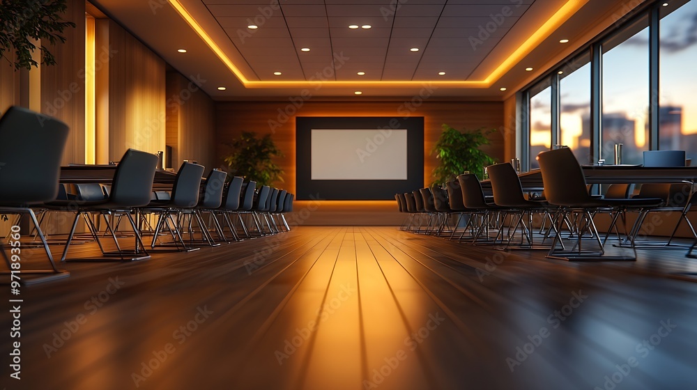 Poster conference room typical empty conference room with chairs and lcd projector : generative ai
