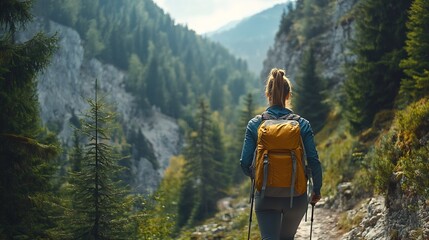 Woman tourist traveler walking along hiking trails in the mountains among forests and cliffs Travel Slovakia Europe Concept of trekking active lifestyle Adventures : Generative AI