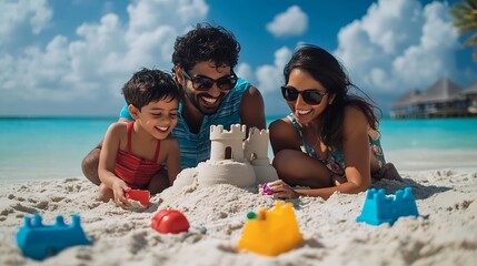 Happy indian family of three making sand castle or home with using sand plastic toys at the tropical beach enjoying holiday vacation : Generative AI