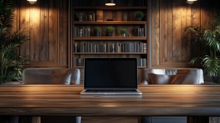 Laptop on table in wooden conference room : Generative AI