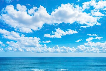 Obraz premium Beautiful nature view bright blue sky with white clouds background and soft oceans waves with a deep blue color on the sea , ai