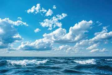 Obraz premium Beautiful nature view bright blue sky with white clouds background and soft oceans waves with a deep blue color on the sea , ai