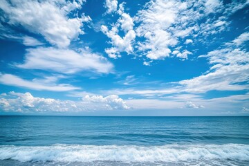 Obraz premium Beautiful nature view bright blue sky with white clouds background and soft oceans waves with a deep blue color on the sea , ai