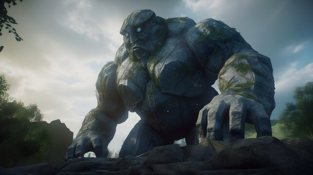 Monumentaler Steingolem in einer gr&uuml;nen Landschaft - Ai-Ki generiert
