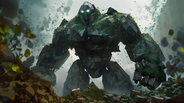 Gigantischer Moosbewachsener Golem in einer Zerst&ouml;rten Landschaft - Ai-Ki generiert