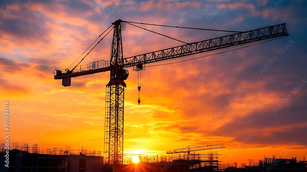 Poster silhouette of construction with crane and sunset sky for preparation new year of 2024 : generative a