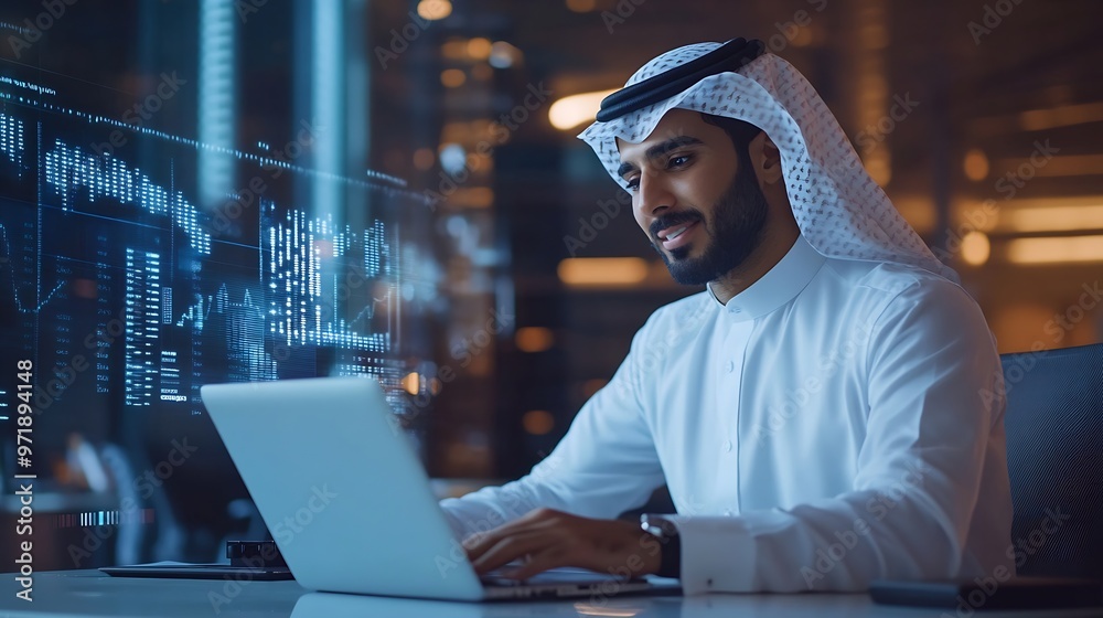 Aufkleber smiling young professional arab manager working on a laptop in a modern office environment with futu