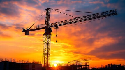 Fototapeta premium Silhouette of construction with crane and sunset sky for preparation new year of 2024 : Generative AI